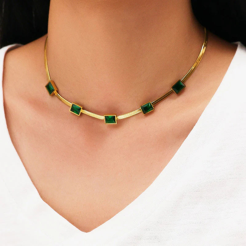 Premium Anti Tarnish Stainless Steel Jewellery for Everyday - Snake Chain Green Emerald Studded Necklace