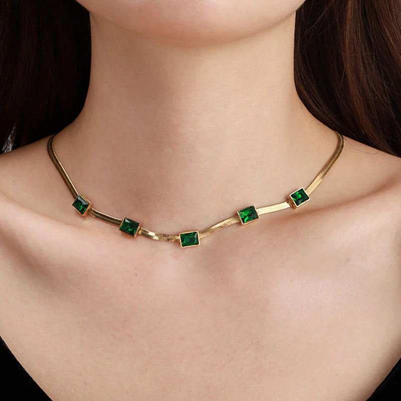 Premium Anti Tarnish Stainless Steel Jewellery for Everyday - Snake Chain Green Emerald Studded Necklace