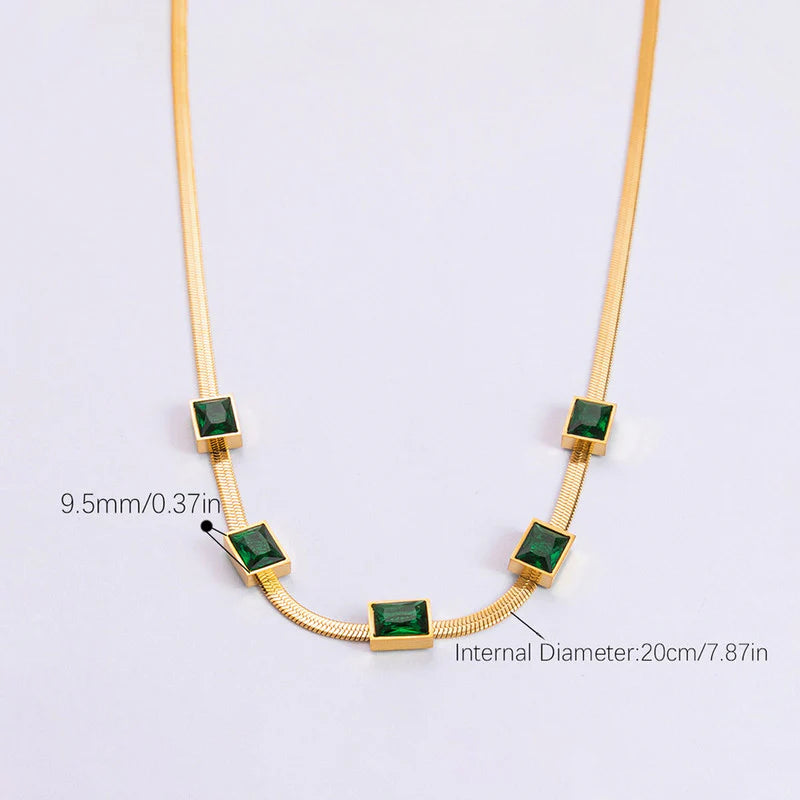 Premium Anti Tarnish Stainless Steel Jewellery for Everyday - Snake Chain Green Emerald Studded Necklace
