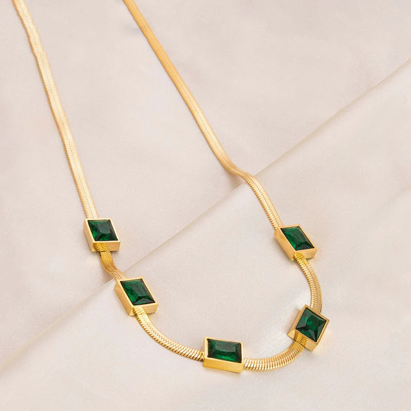 Premium Anti Tarnish Stainless Steel Jewellery for Everyday - Snake Chain Green Emerald Studded Necklace