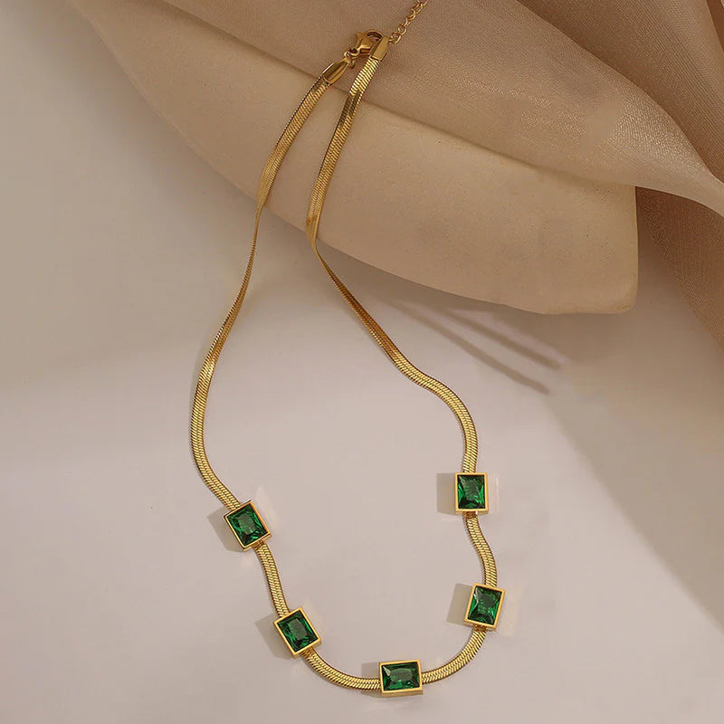 Premium Anti Tarnish Stainless Steel Jewellery for Everyday - Snake Chain Green Emerald Studded Necklace