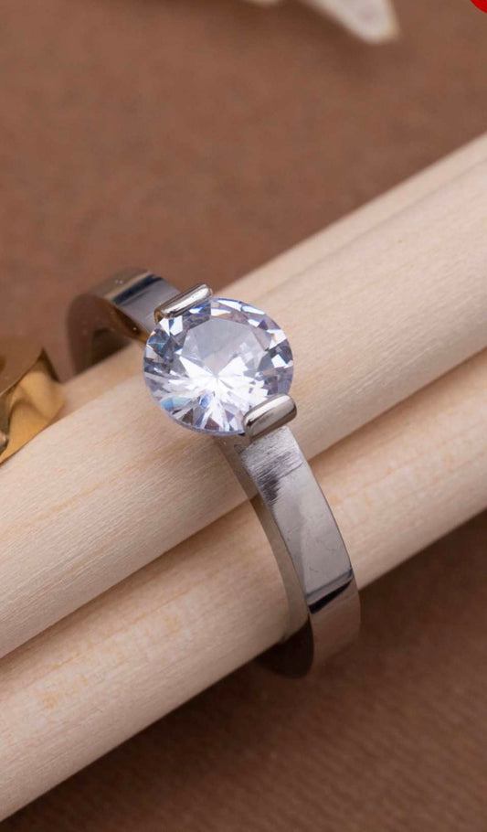 Anti Tarnish American Diamond Single Stone Ring Silver