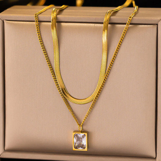 Premium Anti Tarnish Stainless Steel Jewellery for Everyday - White Emerald Geometric Layered Necklace