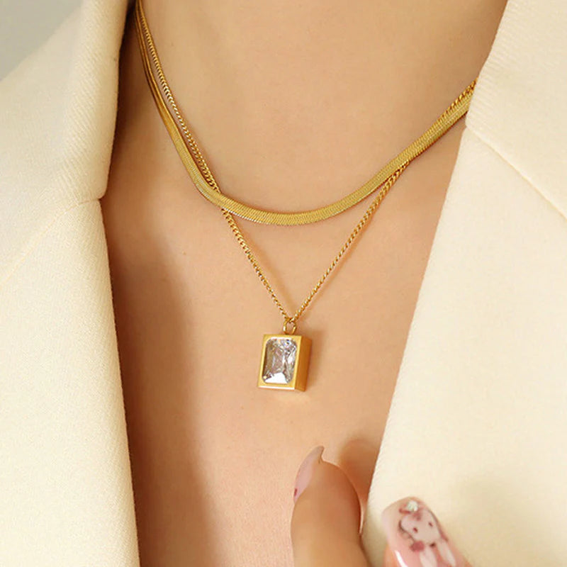 Premium Anti Tarnish Stainless Steel Jewellery for Everyday - White Emerald Geometric Layered Necklace