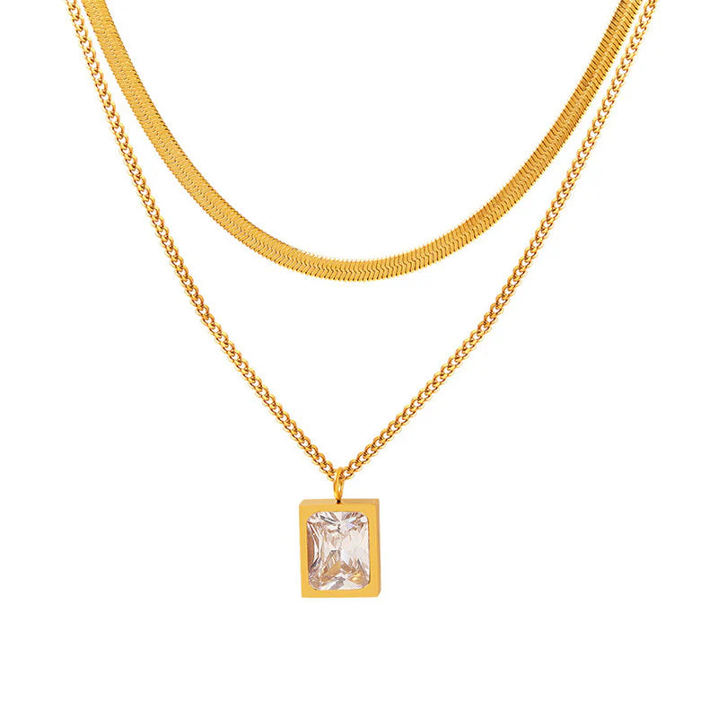 Premium Anti Tarnish Stainless Steel Jewellery for Everyday - White Emerald Geometric Layered Necklace