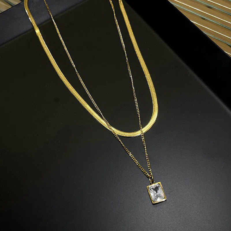 Premium Anti Tarnish Stainless Steel Jewellery for Everyday - White Emerald Geometric Layered Necklace