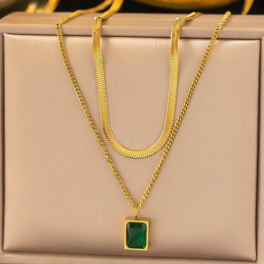 Premium Anti Tarnish Stainless Steel Jewellery for Everyday - Green Emerald Geometric Layered Necklace