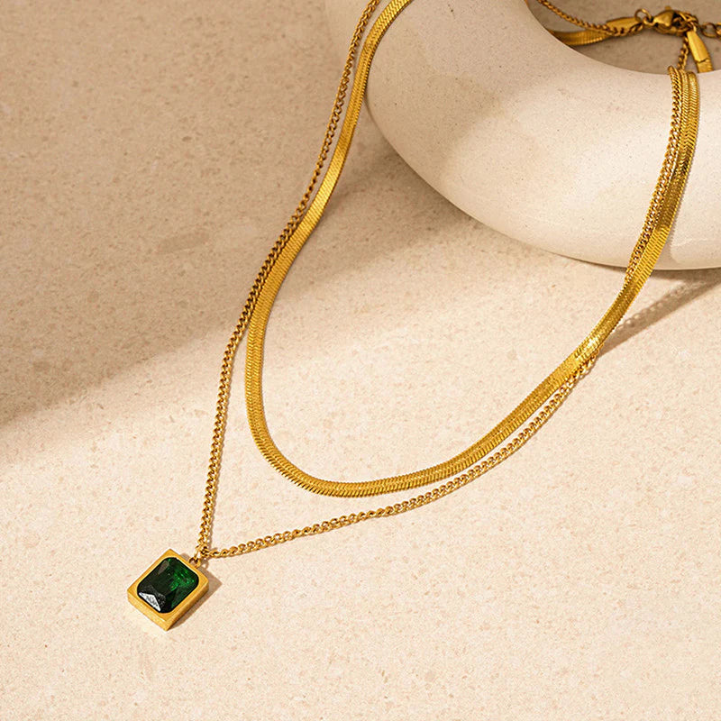 Premium Anti Tarnish Stainless Steel Jewellery for Everyday - Green Emerald Geometric Layered Necklace