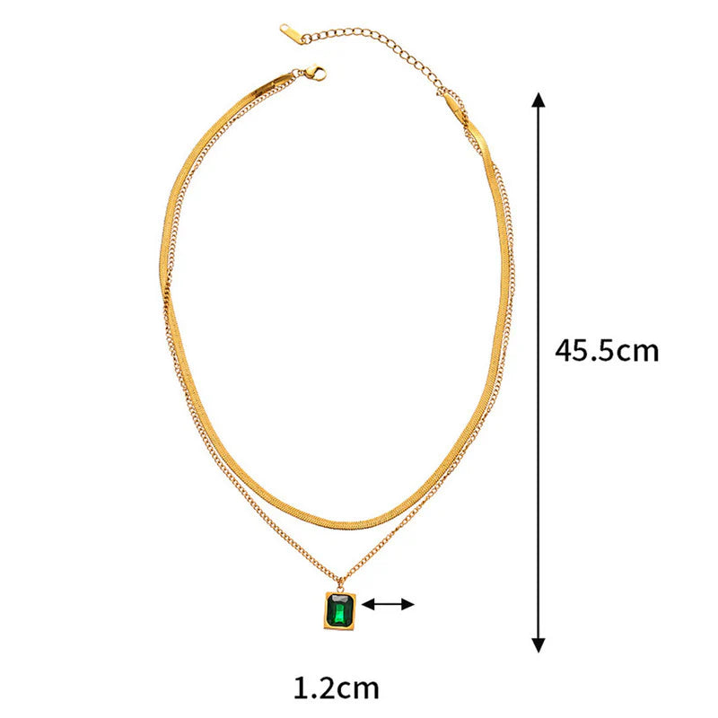 Premium Anti Tarnish Stainless Steel Jewellery for Everyday - Green Emerald Geometric Layered Necklace