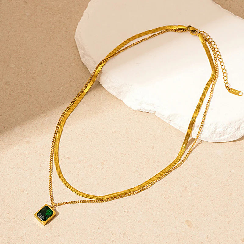 Premium Anti Tarnish Stainless Steel Jewellery for Everyday - Green Emerald Geometric Layered Necklace
