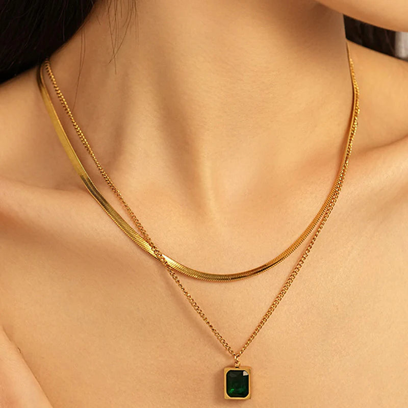 Premium Anti Tarnish Stainless Steel Jewellery for Everyday - Green Emerald Geometric Layered Necklace