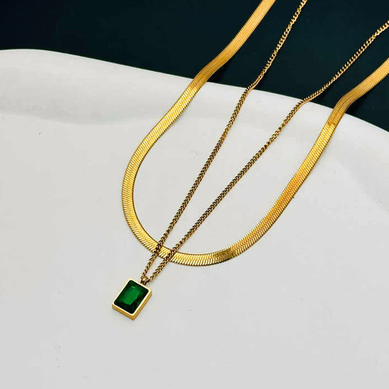Premium Anti Tarnish Stainless Steel Jewellery for Everyday - Green Emerald Geometric Layered Necklace