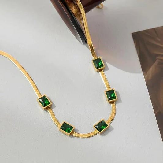 Premium Anti Tarnish Stainless Steel Jewellery for Everyday - Snake Chain Green Emerald Studded Necklace