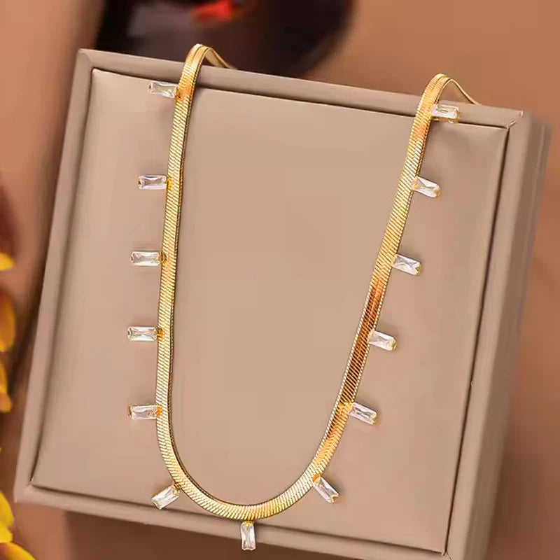 Premium Anti Tarnish Stainless Steel Jewellery for Everyday - Snake Chain Gold Stone Studded Necklace