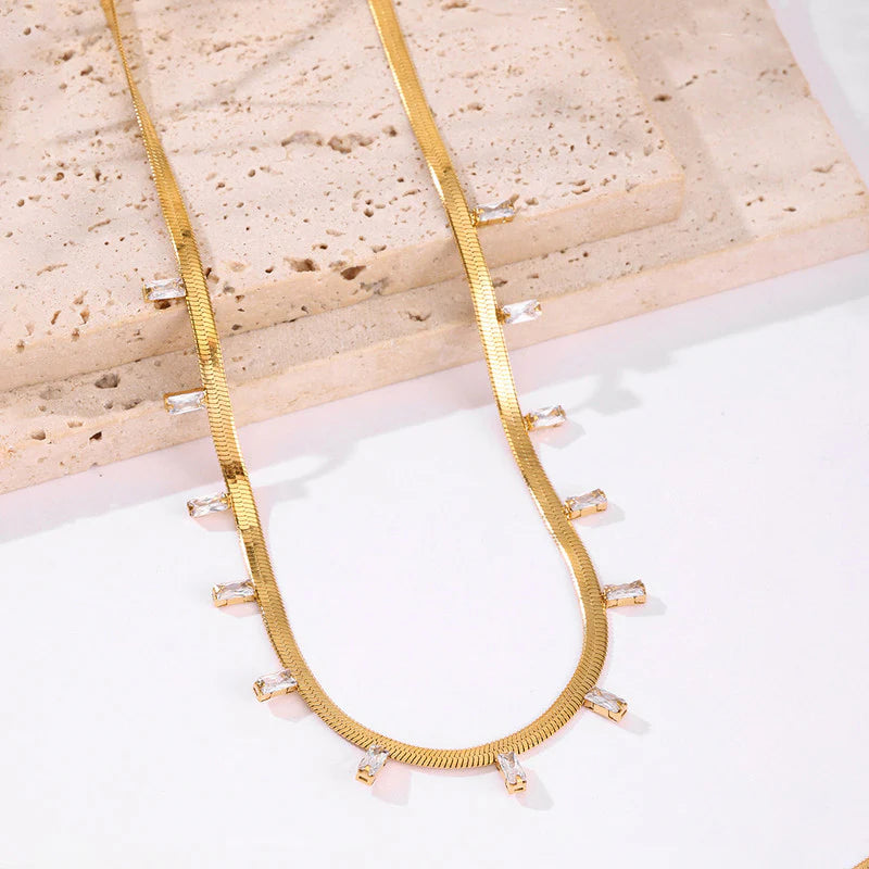 Premium Anti Tarnish Stainless Steel Jewellery for Everyday - Snake Chain Gold Stone Studded Necklace
