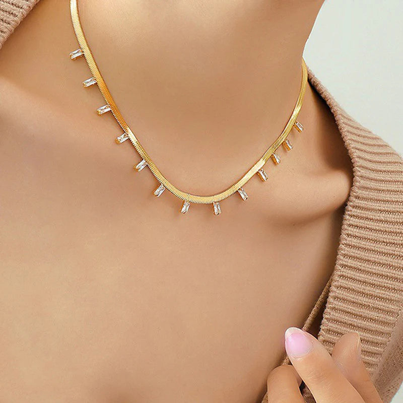 Premium Anti Tarnish Stainless Steel Jewellery for Everyday - Snake Chain Gold Stone Studded Necklace