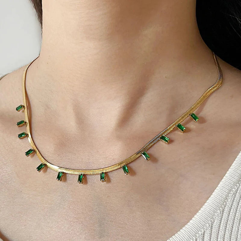 Premium Anti Tarnish Stainless Steel Jewellery for Everyday - Snake Chain Green Emerald Studded Necklace