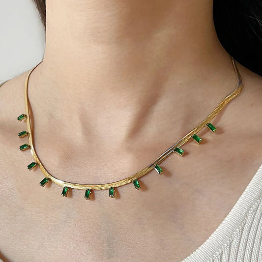 Premium Anti Tarnish Stainless Steel Jewellery for Everyday - Snake Chain Green Emerald Studded Necklace