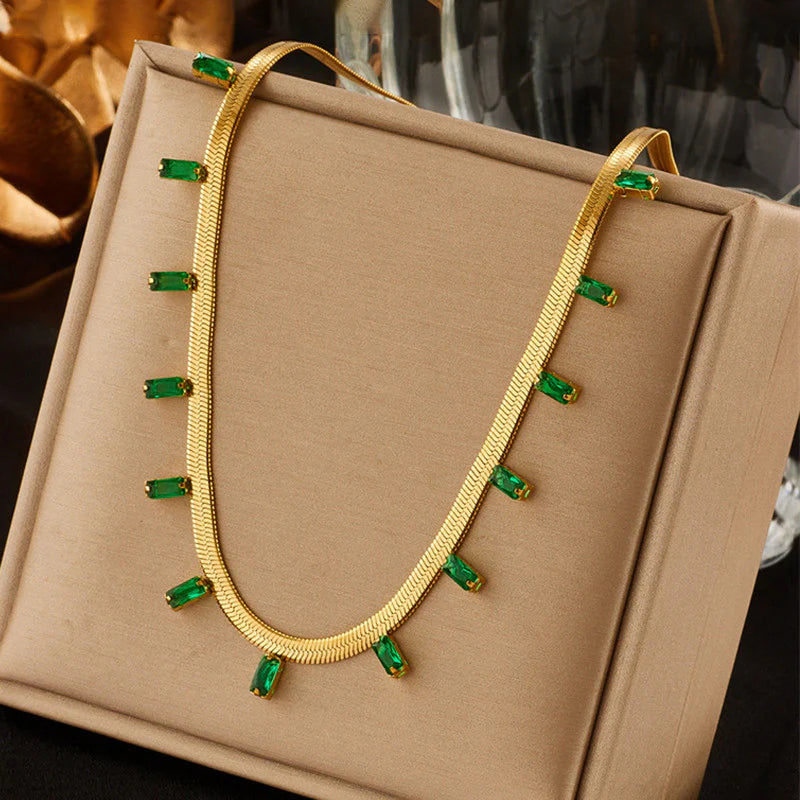 Premium Anti Tarnish Stainless Steel Jewellery for Everyday - Snake Chain Green Emerald Studded Necklace