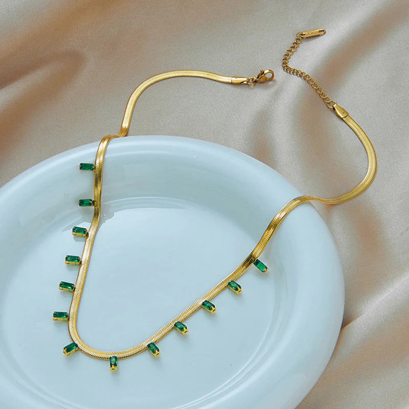 Premium Anti Tarnish Stainless Steel Jewellery for Everyday - Snake Chain Green Emerald Studded Necklace