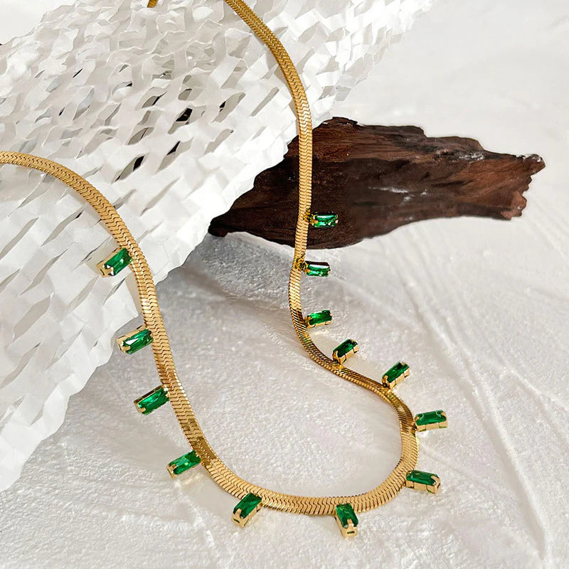 Premium Anti Tarnish Stainless Steel Jewellery for Everyday - Snake Chain Green Emerald Studded Necklace