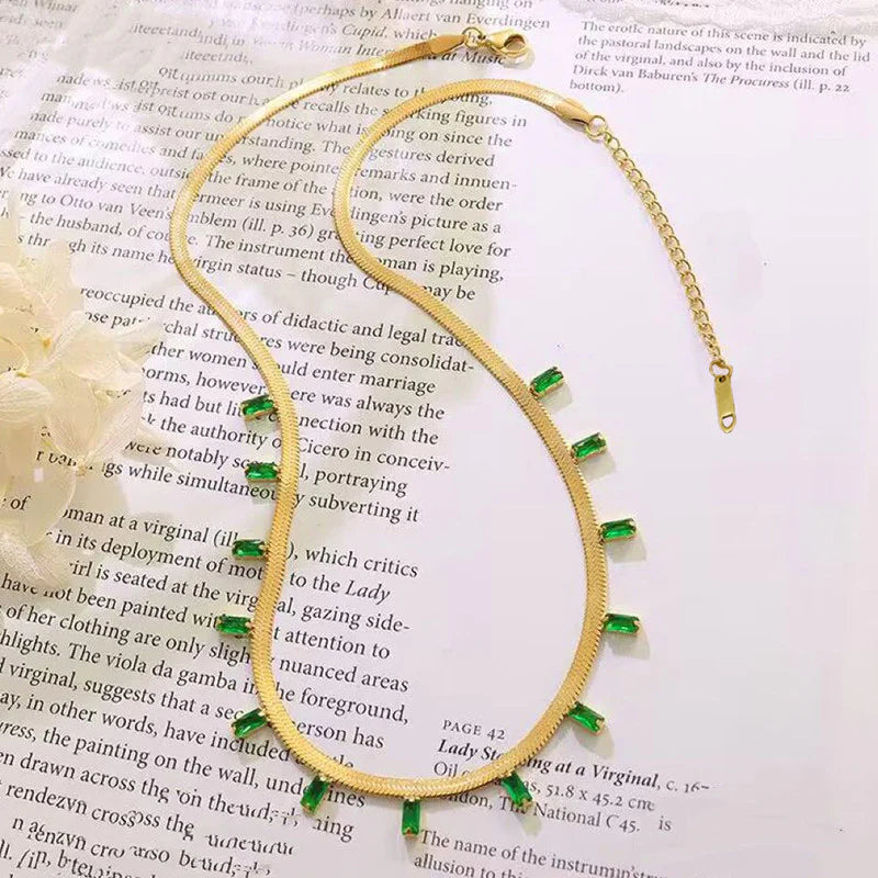 Premium Anti Tarnish Stainless Steel Jewellery for Everyday - Snake Chain Green Emerald Studded Necklace