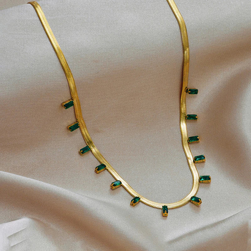 Premium Anti Tarnish Stainless Steel Jewellery for Everyday - Snake Chain Green Emerald Studded Necklace