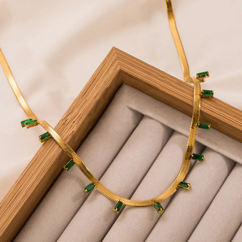Premium Anti Tarnish Stainless Steel Jewellery for Everyday - Snake Chain Green Emerald Studded Necklace