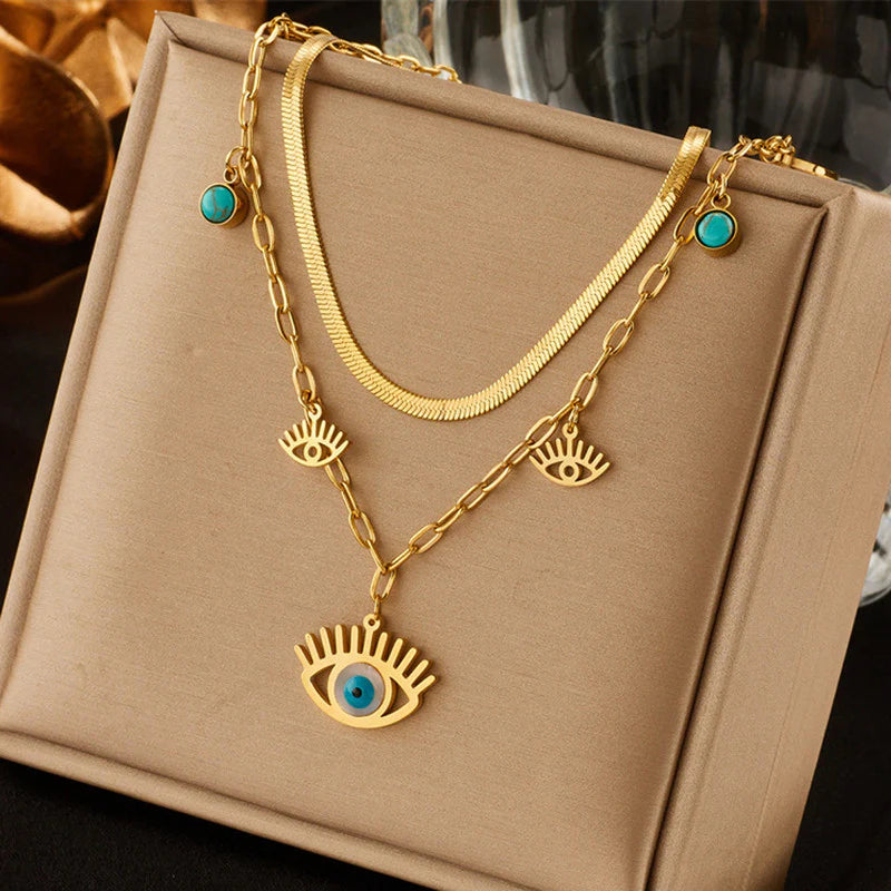 Premium Anti Tarnish Stainless Steel Jewellery for Everyday - Evil Eye themed Dual Strand Necklace For Women