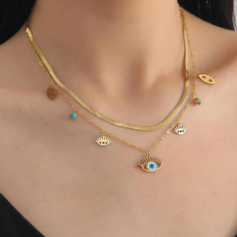 Premium Anti Tarnish Stainless Steel Jewellery for Everyday - Evil Eye themed Dual Strand Necklace For Women