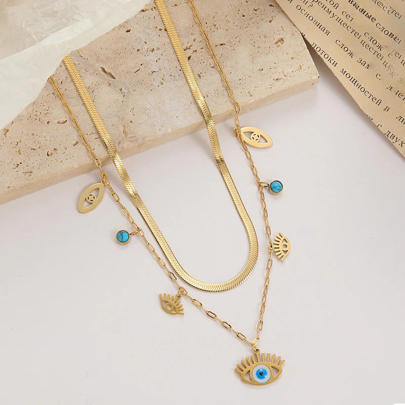 Premium Anti Tarnish Stainless Steel Jewellery for Everyday - Evil Eye themed Dual Strand Necklace For Women
