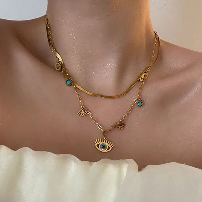 Premium Anti Tarnish Stainless Steel Jewellery for Everyday - Evil Eye themed Dual Strand Necklace For Women