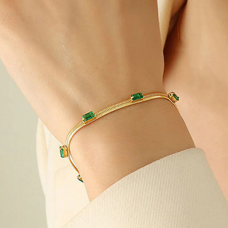Premium Anti Tarnish Stainless Steel Jewellery for Everyday - Green Emerald Studded Snake Chain Bracelet