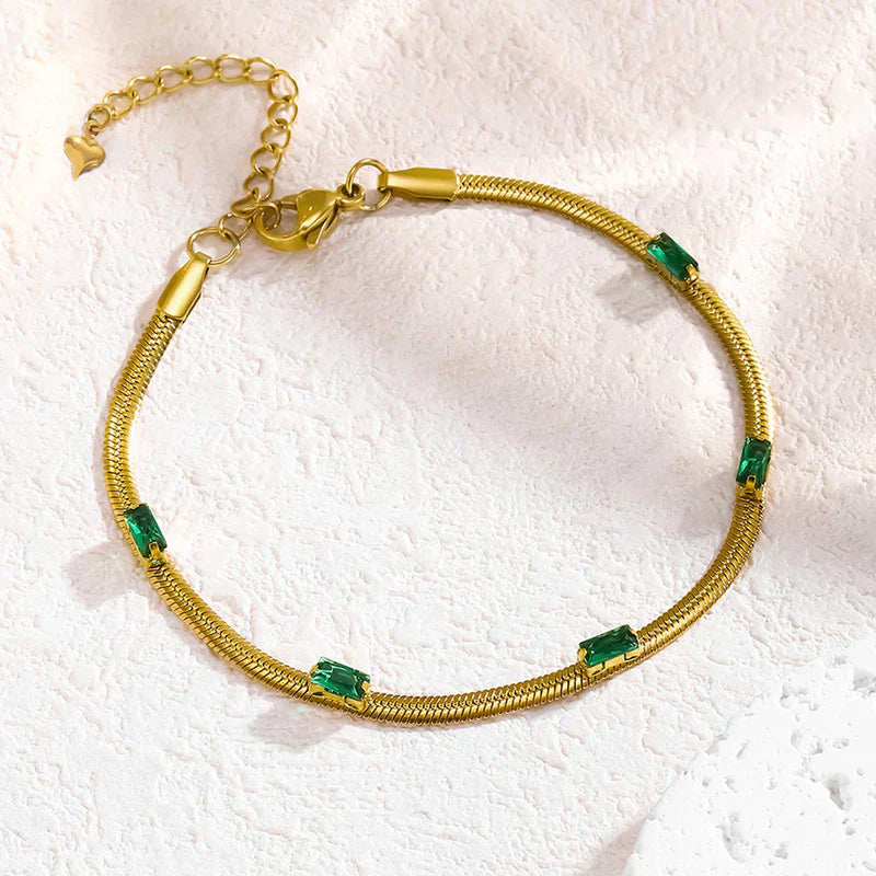 Premium Anti Tarnish Stainless Steel Jewellery for Everyday - Green Emerald Studded Snake Chain Bracelet