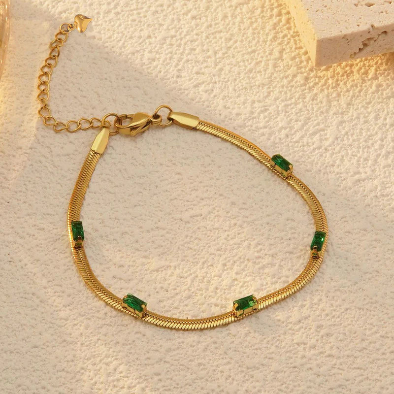 Premium Anti Tarnish Stainless Steel Jewellery for Everyday - Green Emerald Studded Snake Chain Bracelet