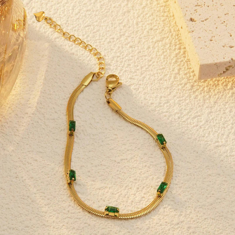 Premium Anti Tarnish Stainless Steel Jewellery for Everyday - Green Emerald Studded Snake Chain Bracelet