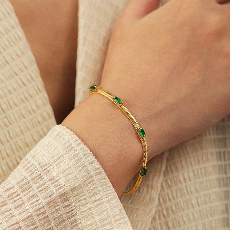 Premium Anti Tarnish Stainless Steel Jewellery for Everyday - Green Emerald Studded Snake Chain Bracelet