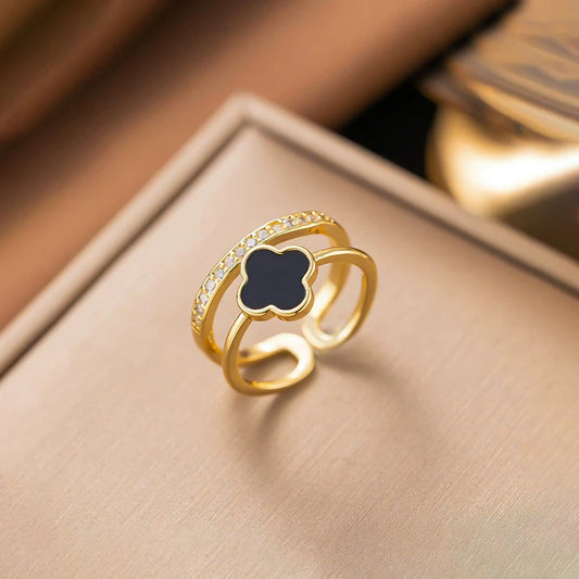 Gold Plated Anti Tarnish Stainless Steel Clover Themed Adjustable Finger Ring