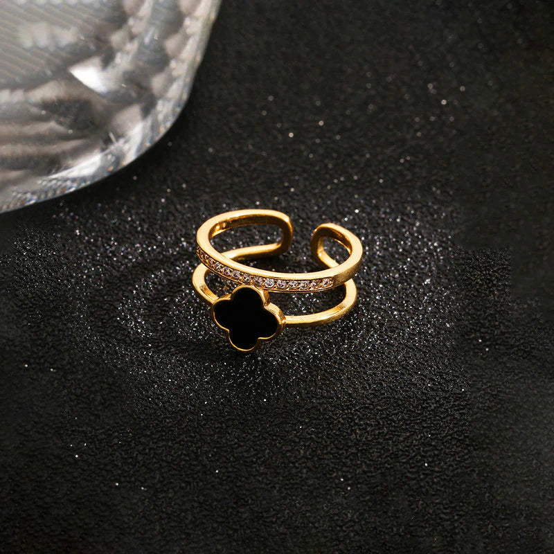 Gold Plated Anti Tarnish Stainless Steel Clover Themed Adjustable Finger Ring