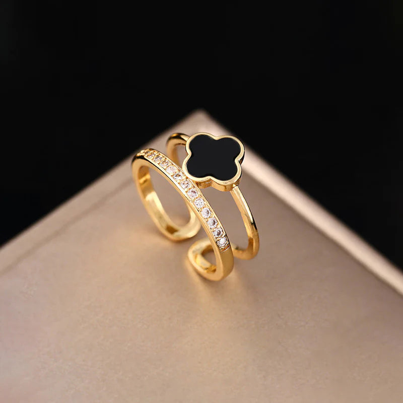 Gold Plated Anti Tarnish Stainless Steel Clover Themed Adjustable Finger Ring