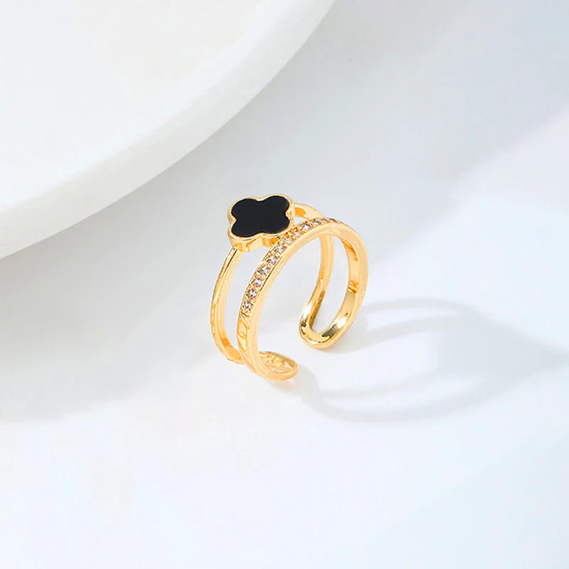 Gold Plated Anti Tarnish Stainless Steel Clover Themed Adjustable Finger Ring