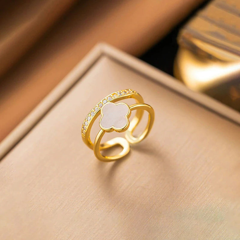 Gold Plated Anti Tarnish Stainless Steel Clover Themed Adjustable Finger Ring