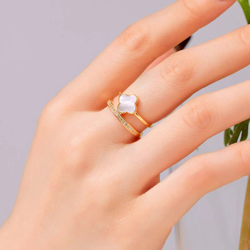 Gold Plated Anti Tarnish Stainless Steel Clover Themed Adjustable Finger Ring