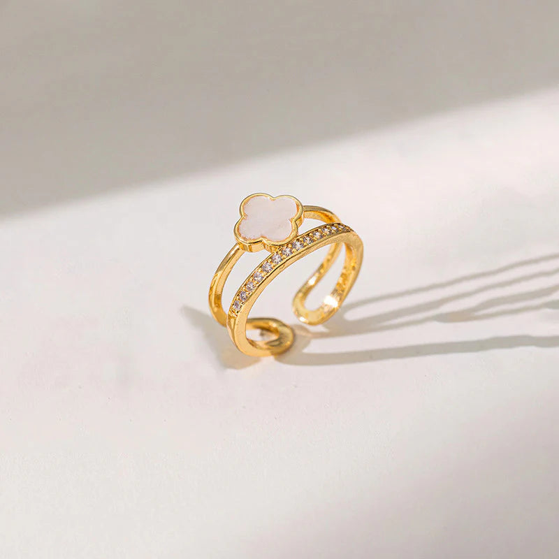 Gold Plated Anti Tarnish Stainless Steel Clover Themed Adjustable Finger Ring