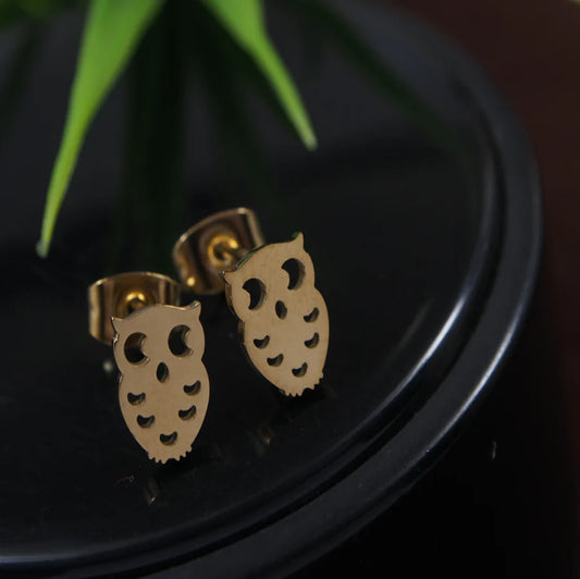 Stainless Steel Gold Plated Owl Stud Earring