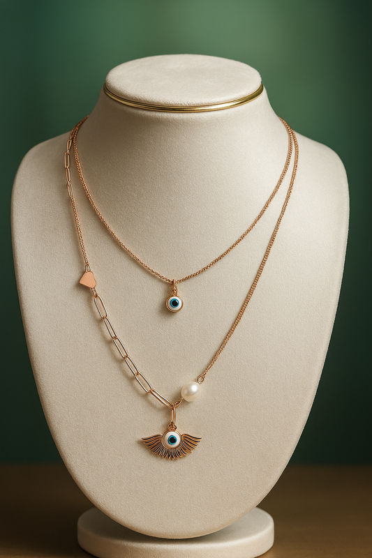 Anti Tarnish Everyday Necklace - Double Layered Evil Eye Design
